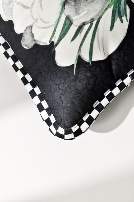 Black & White Peony Lumbar Pillow Cover – Checkered Edge Design (30x50 cm)