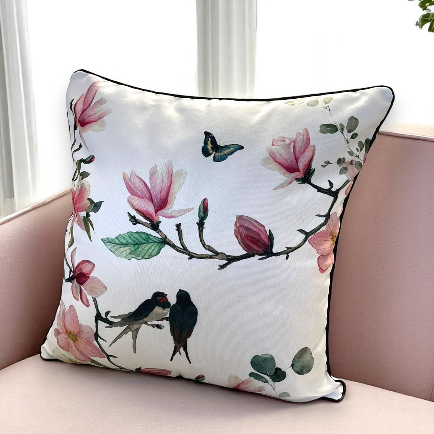 Floral Bird & Magnolia Pillow Covers Set, Indoor-Outdoor Elegant Piping Cushion Covers