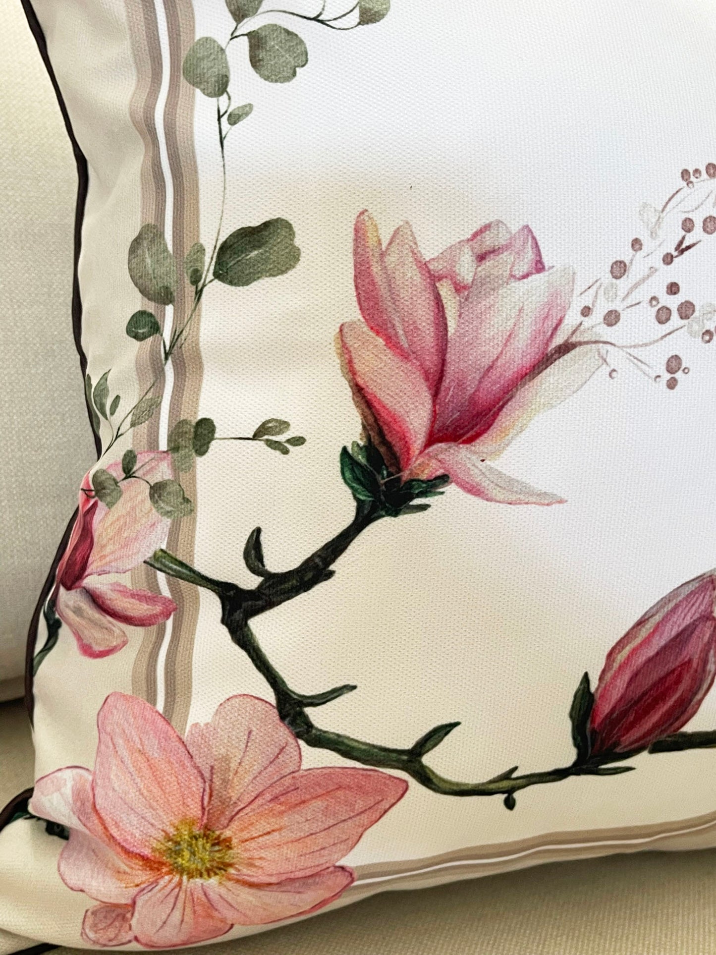 Floral Bird & Magnolia Pillow Covers Set, Indoor-Outdoor Elegant Piping Cushion Covers