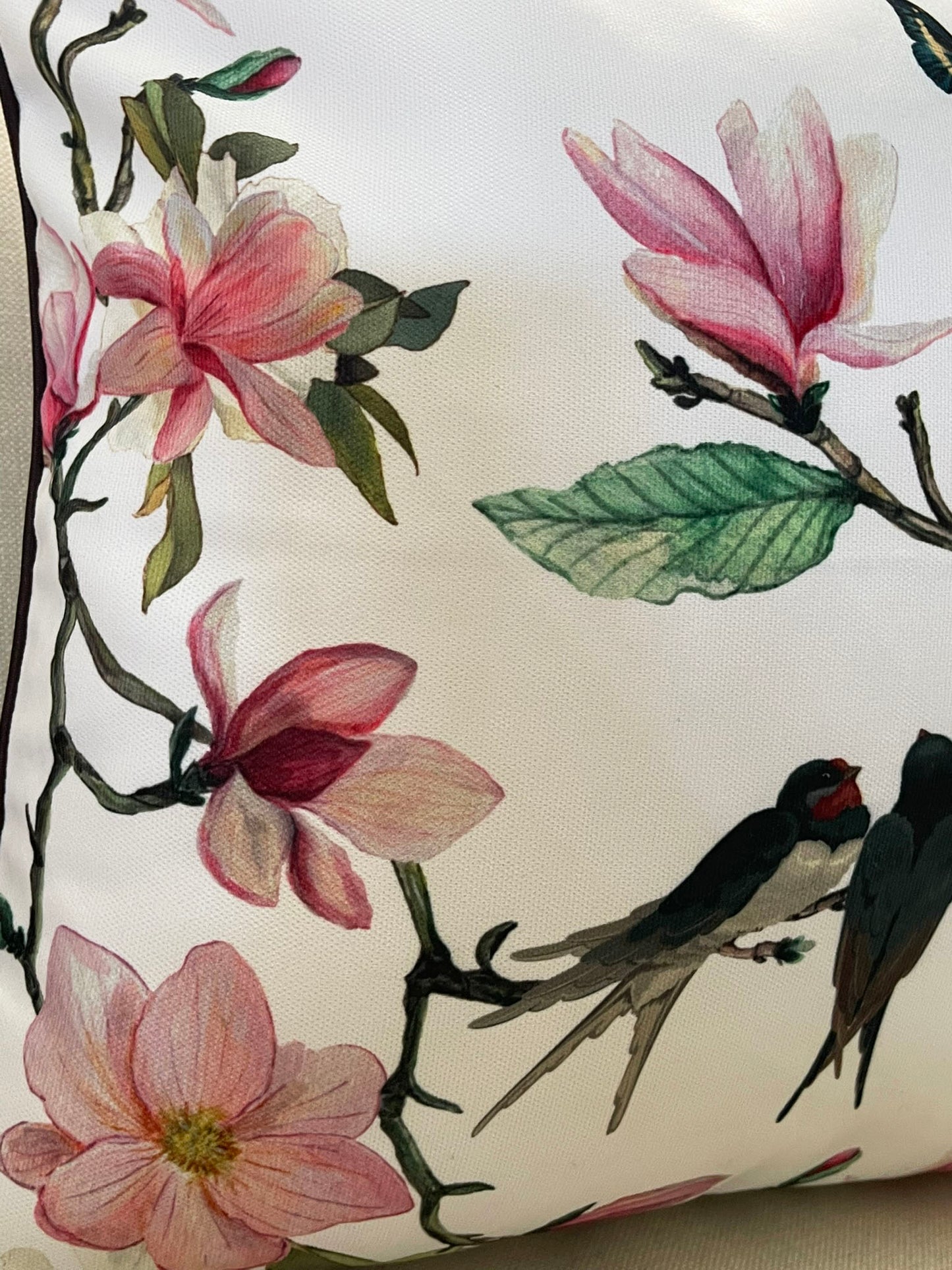 Floral Bird & Magnolia Pillow Covers Set, Indoor-Outdoor Elegant Piping Cushion Covers
