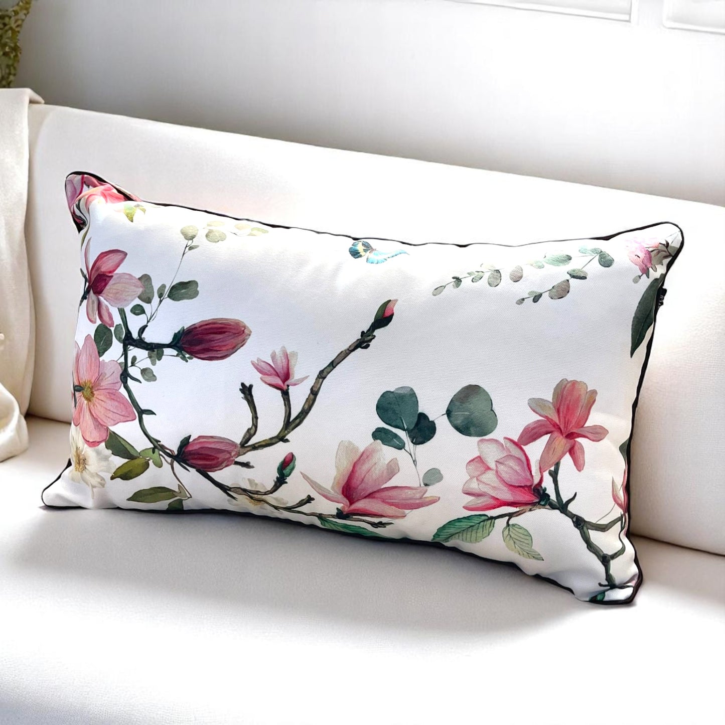 Floral Bird & Magnolia Pillow Covers Set, Indoor-Outdoor Elegant Piping Cushion Covers