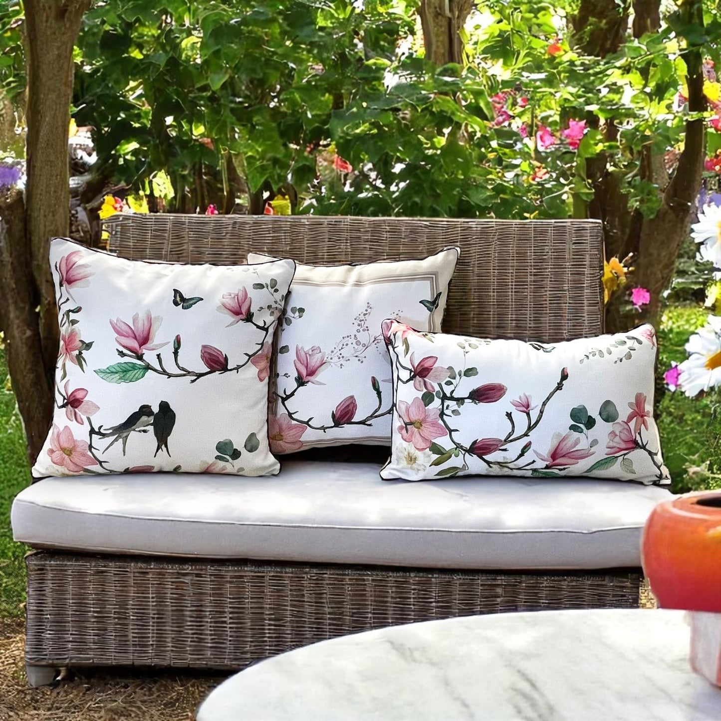 Floral Bird & Magnolia Pillow Covers Set, Indoor-Outdoor Elegant Piping Cushion Covers