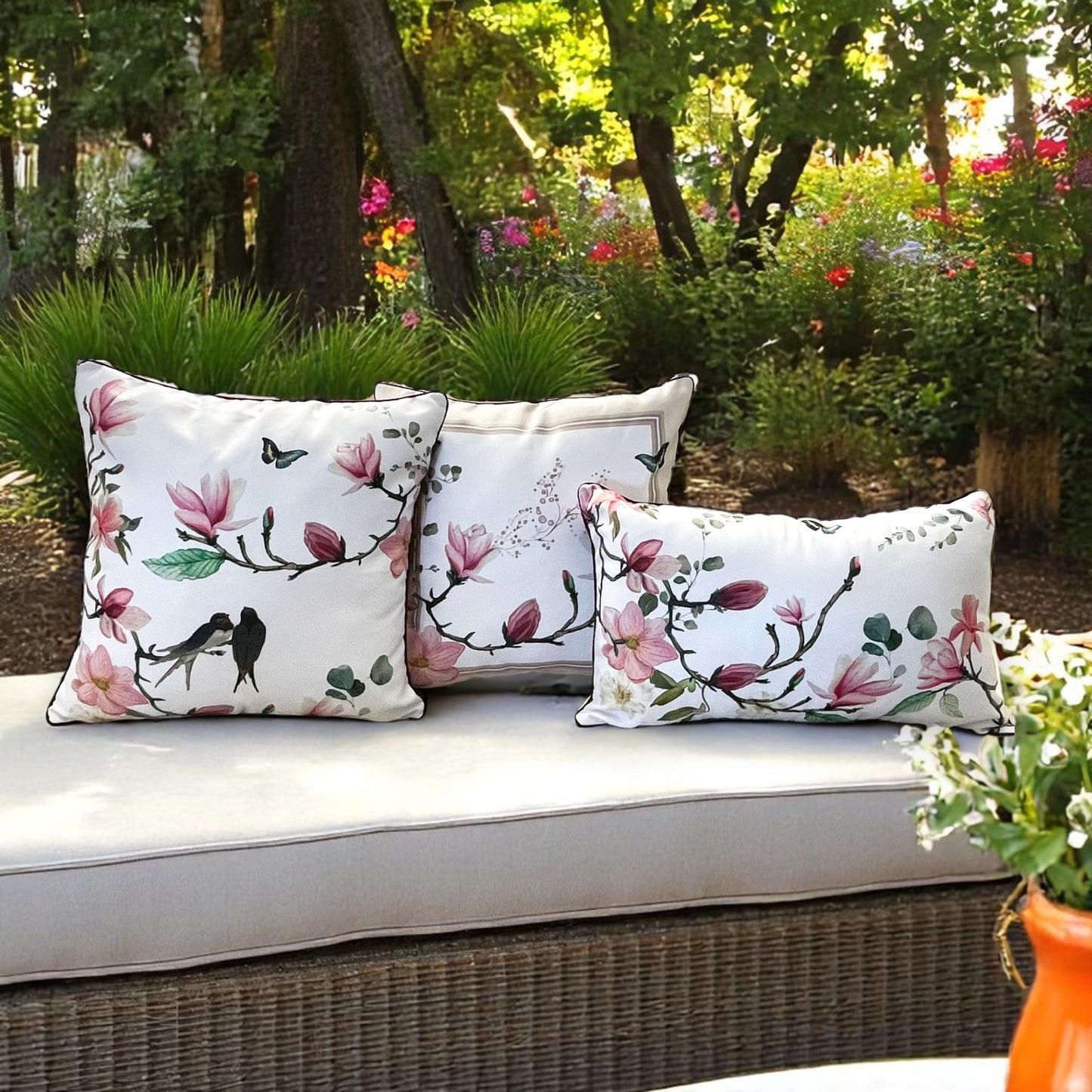Floral Bird & Magnolia Pillow Covers Set, Indoor-Outdoor Elegant Piping Cushion Covers