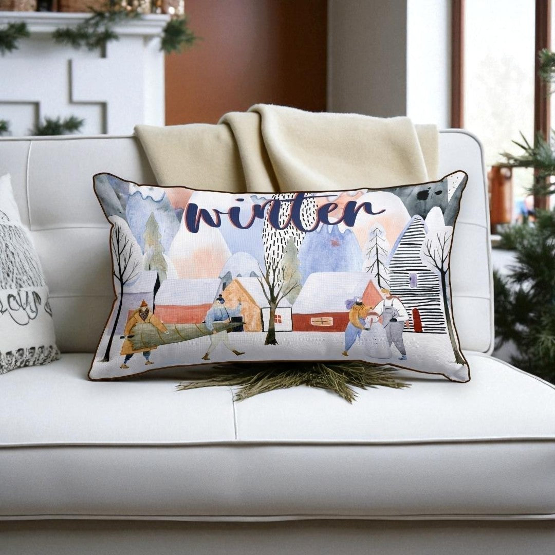 Winter Scene Lumbar Cushion Cover – 30x50 cm | Snowy Village Design