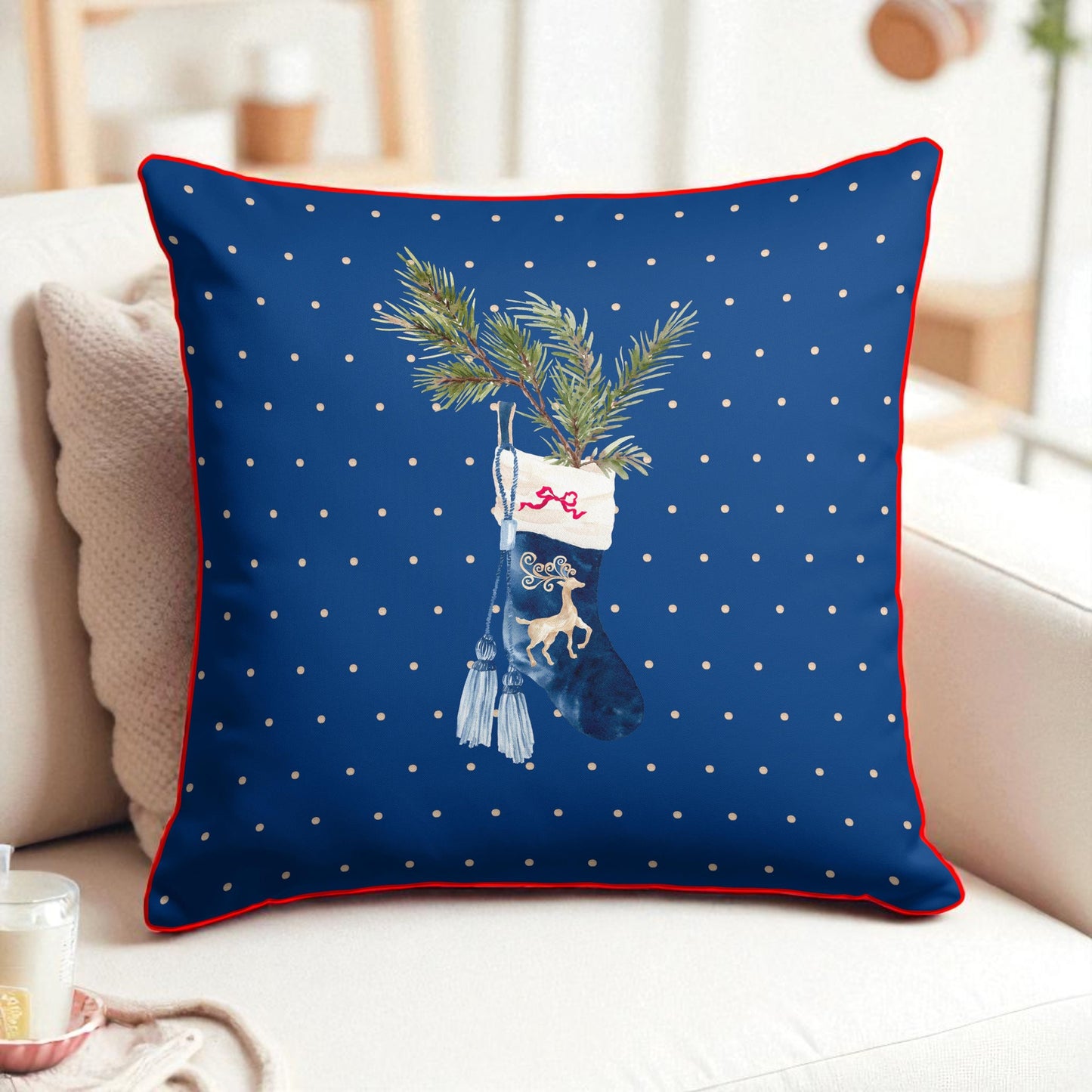 Royal Blue Holiday Pillow Cover – Christmas Stocking Design (43x43 cm)