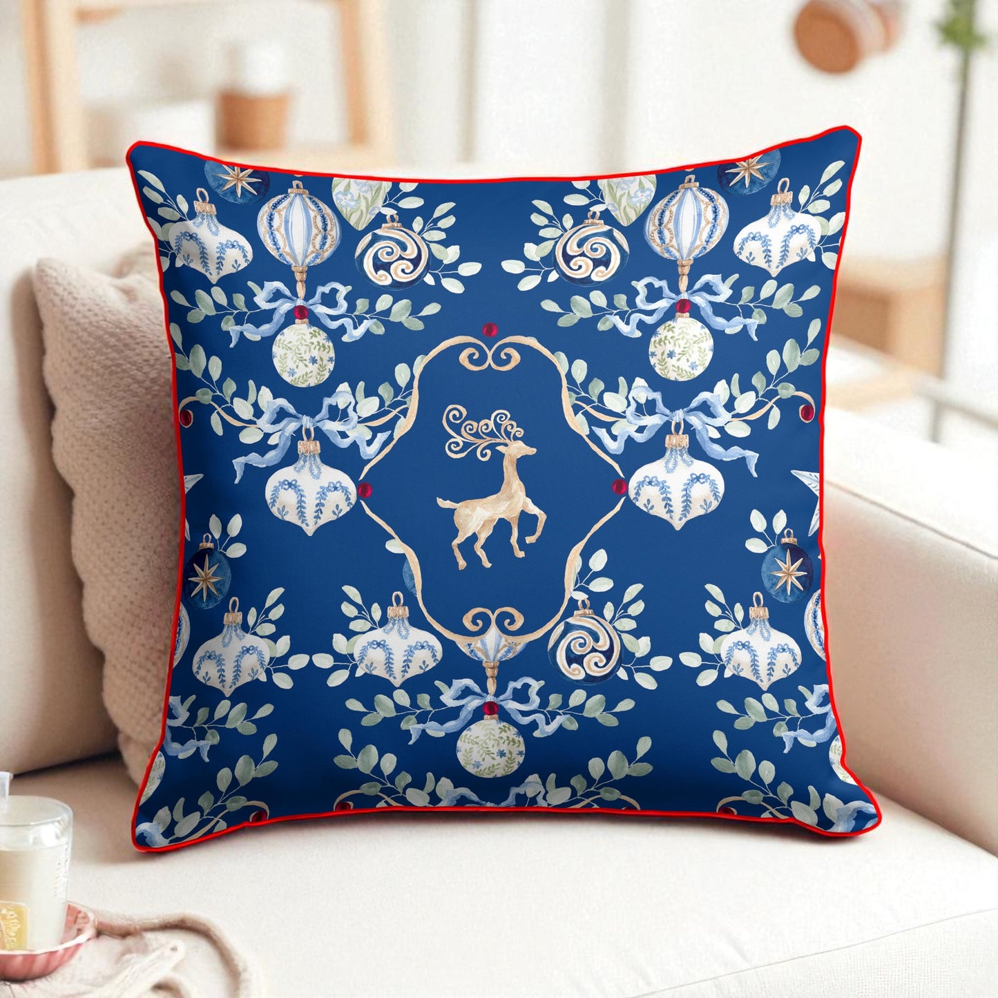 Royal Blue Christmas Pillow Cover – Golden Reindeer & Ornament Design (43x43 cm)