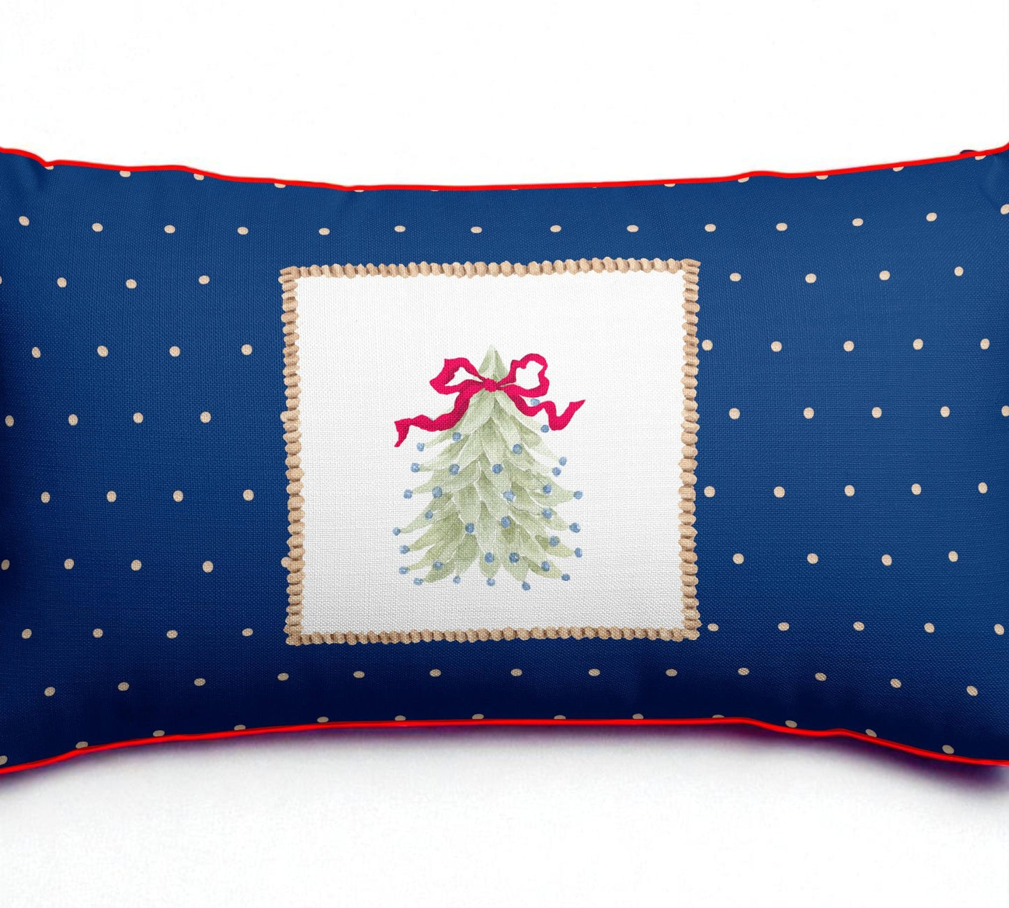 Royal Blue Holiday Lumbar Pillow Cover – Christmas Tree with Red Ribbon (30x50 cm)
