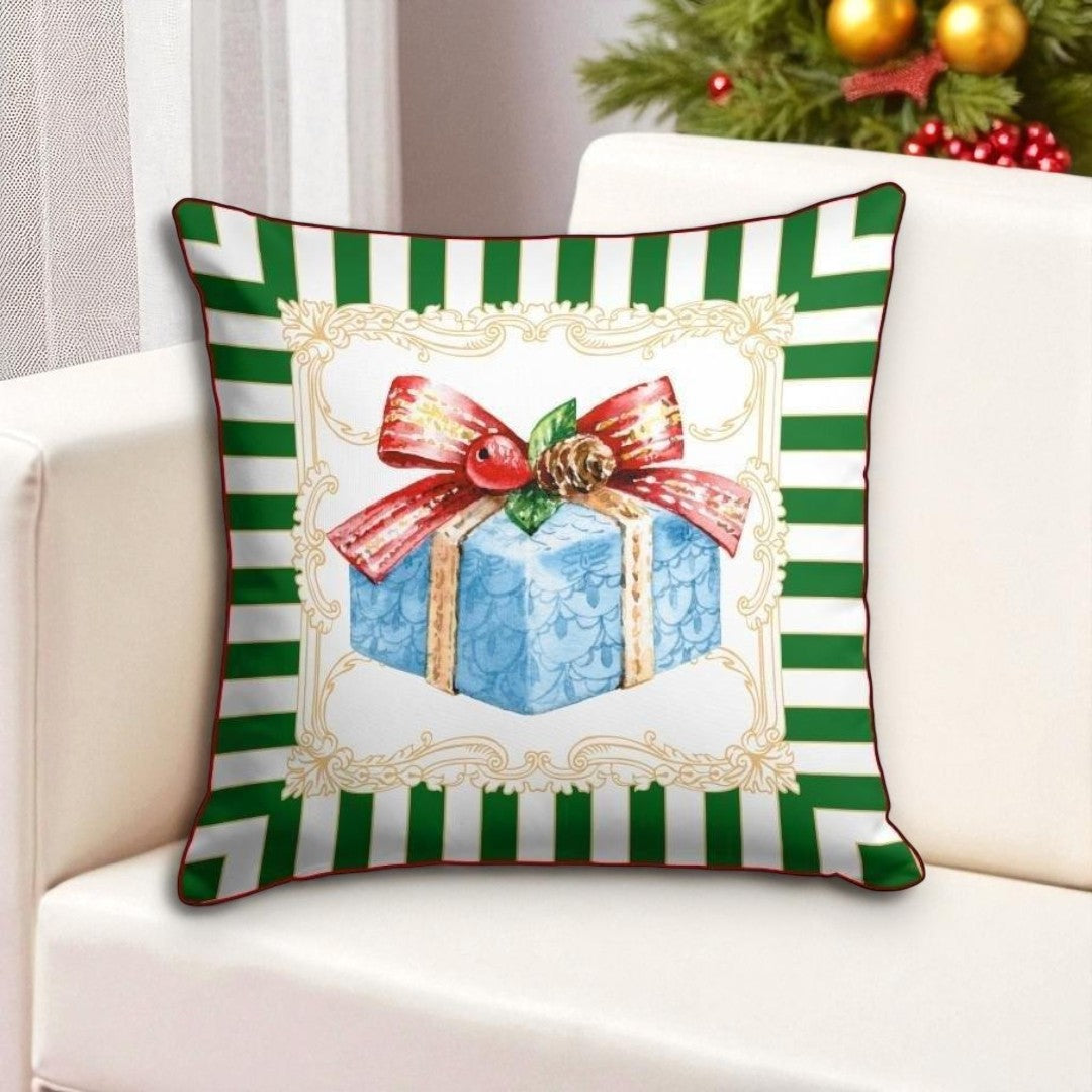 Gift Box Cushion Cover – 43x43 cm | Festive Green & Red Christmas Pillow
