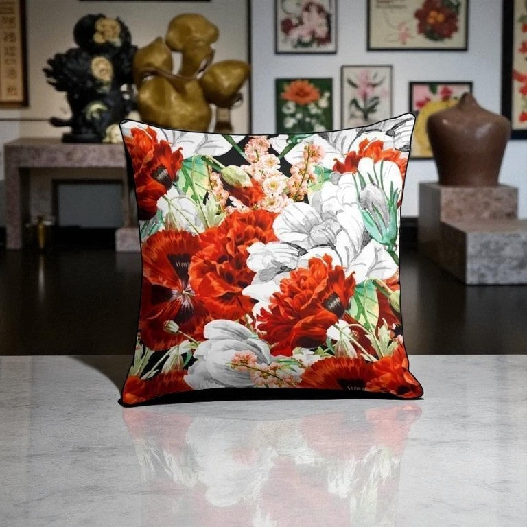 Black Floral Square Pillow Cover – Red & White Bloom Design (43x43 cm)