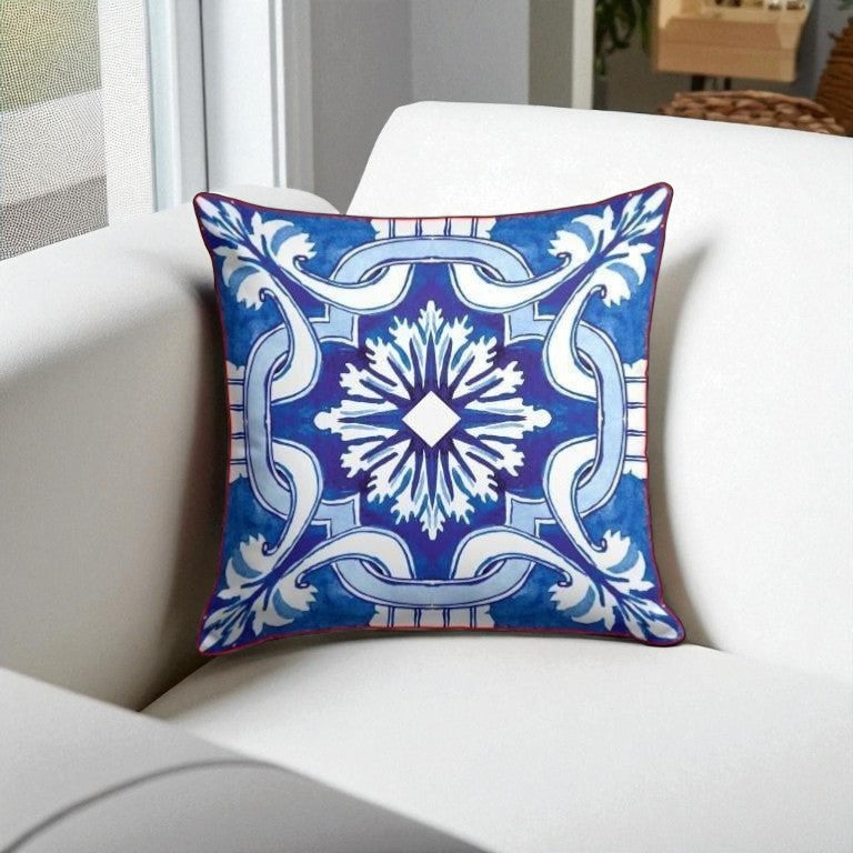 Mediterranean Blue Tile Pillow Cover – Coastal Pattern Design (43x43 cm)