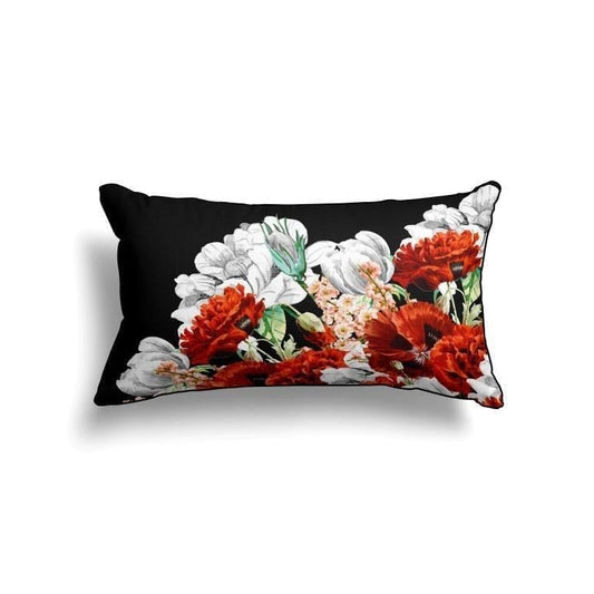 Black Floral Lumbar Pillow Cover – Red & White Bloom Design (30x50 cm)