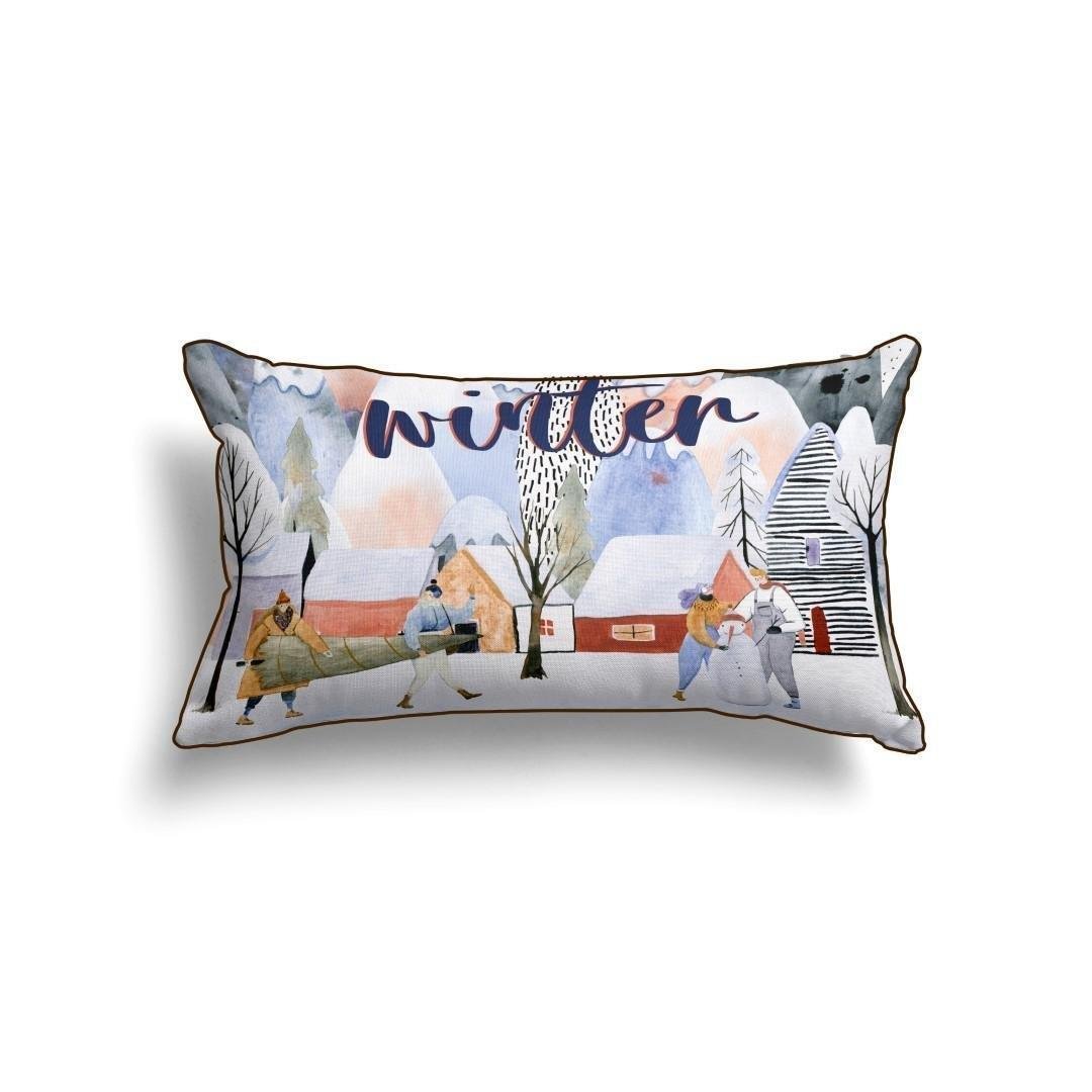 Winter Scene Lumbar Cushion Cover – 30x50 cm | Snowy Village Design