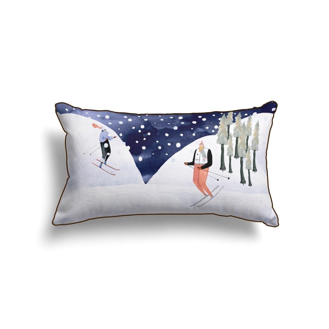 Winter Ski Scene Lumbar Cushion Cover – 30x50 cm | Snowy Mountain Design