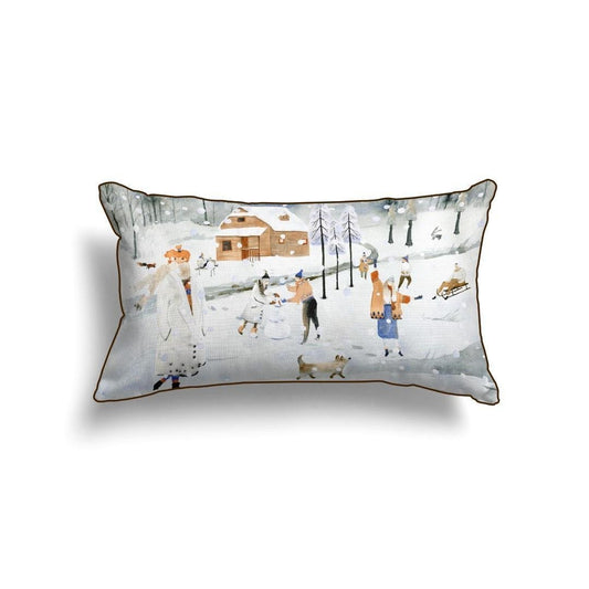 Winter Scene Lumbar Cushion Cover – 30x50 cm | Snowy Village Design