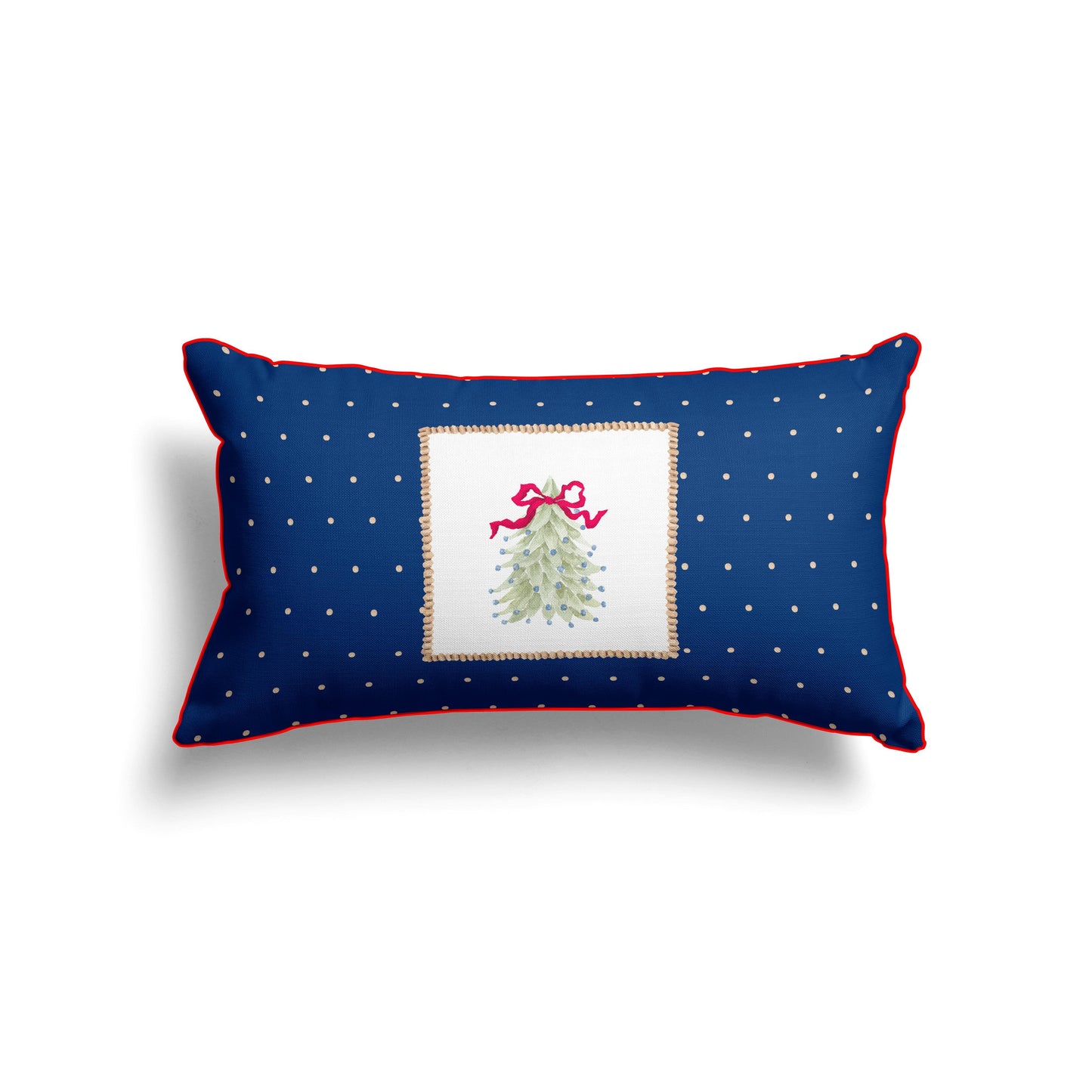 Royal Blue Holiday Lumbar Pillow Cover – Christmas Tree with Red Ribbon (30x50 cm)