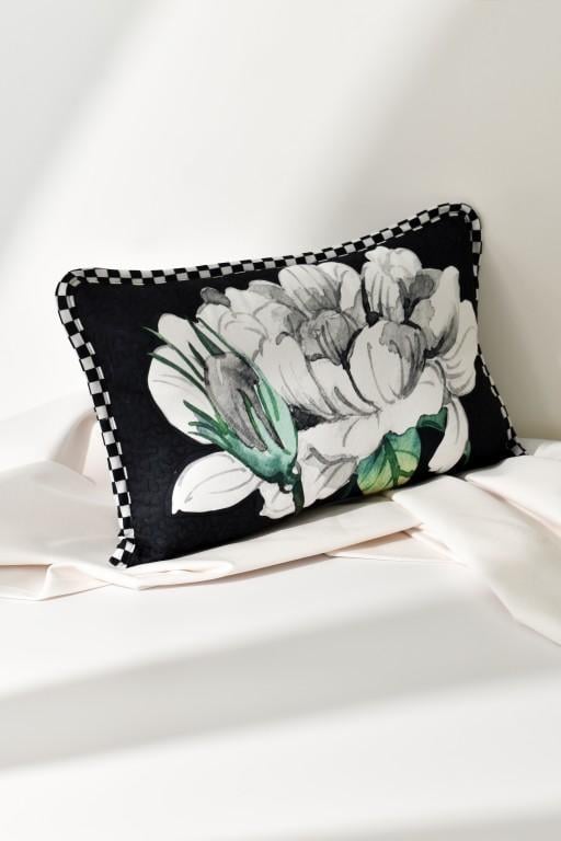 Black & White Peony Lumbar Pillow Cover – Checkered Edge Design (30x50 cm)