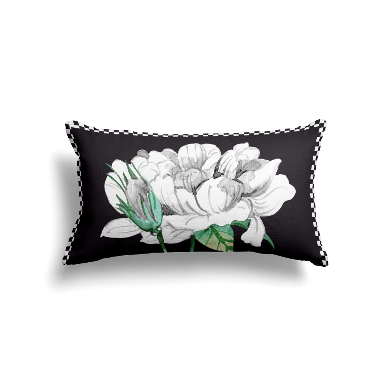 Black & White Peony Lumbar Pillow Cover – Checkered Edge Design (30x50 cm)
