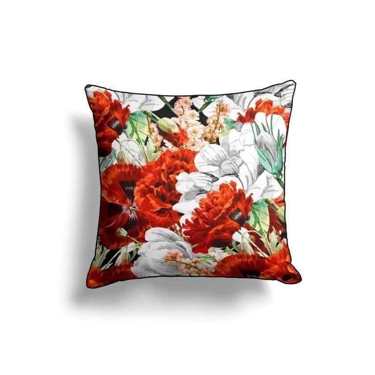 Black Floral Square Pillow Cover – Red & White Bloom Design (43x43 cm)