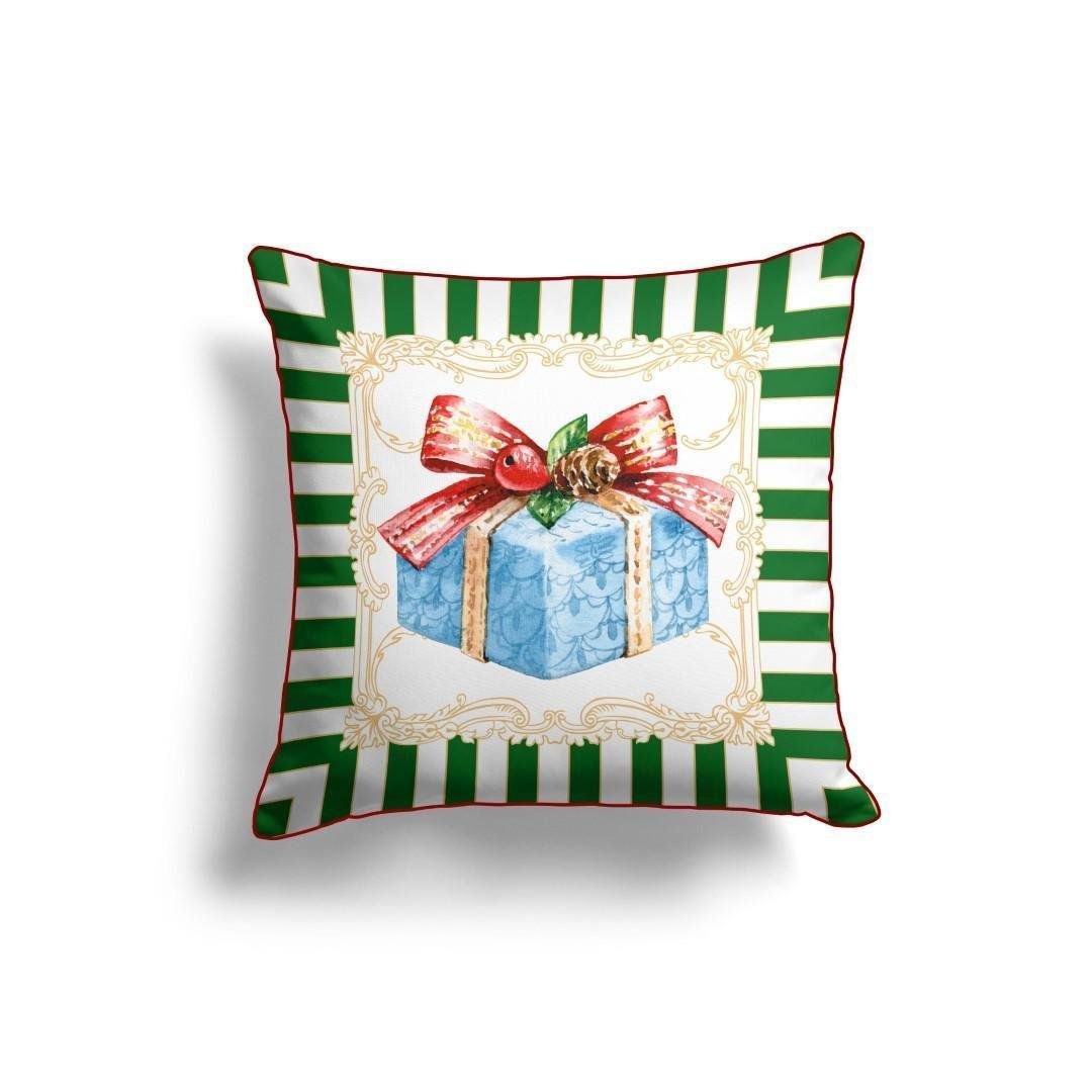 Gift Box Cushion Cover – 43x43 cm | Festive Green & Red Christmas Pillow