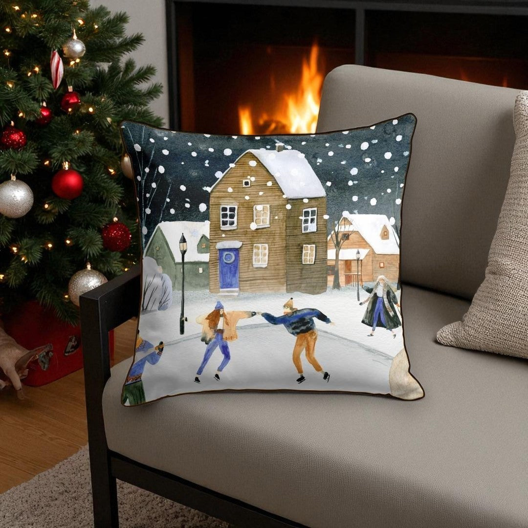 Winter Village Cushion Cover – 43x43 cm | Cozy Snowy Night Design