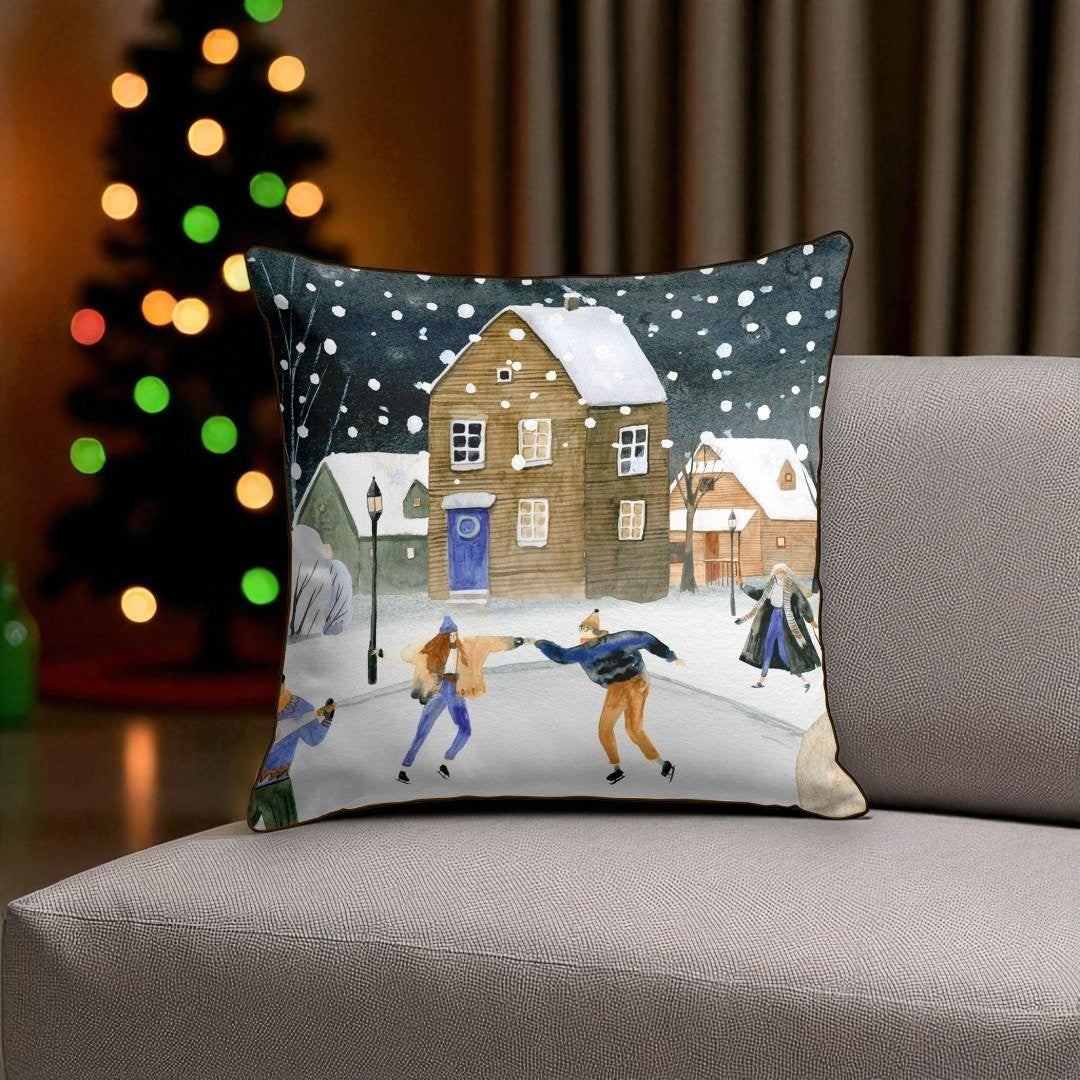 Winter Village Cushion Cover – 43x43 cm | Cozy Snowy Night Design