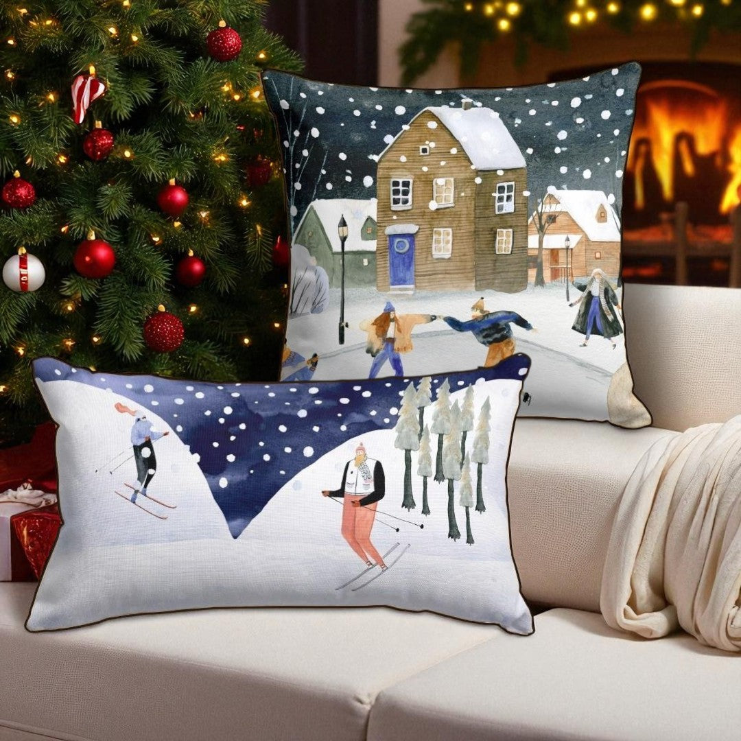 Set of 2 Winter Ski Village Pillow Covers, Nordic Christmas Decor