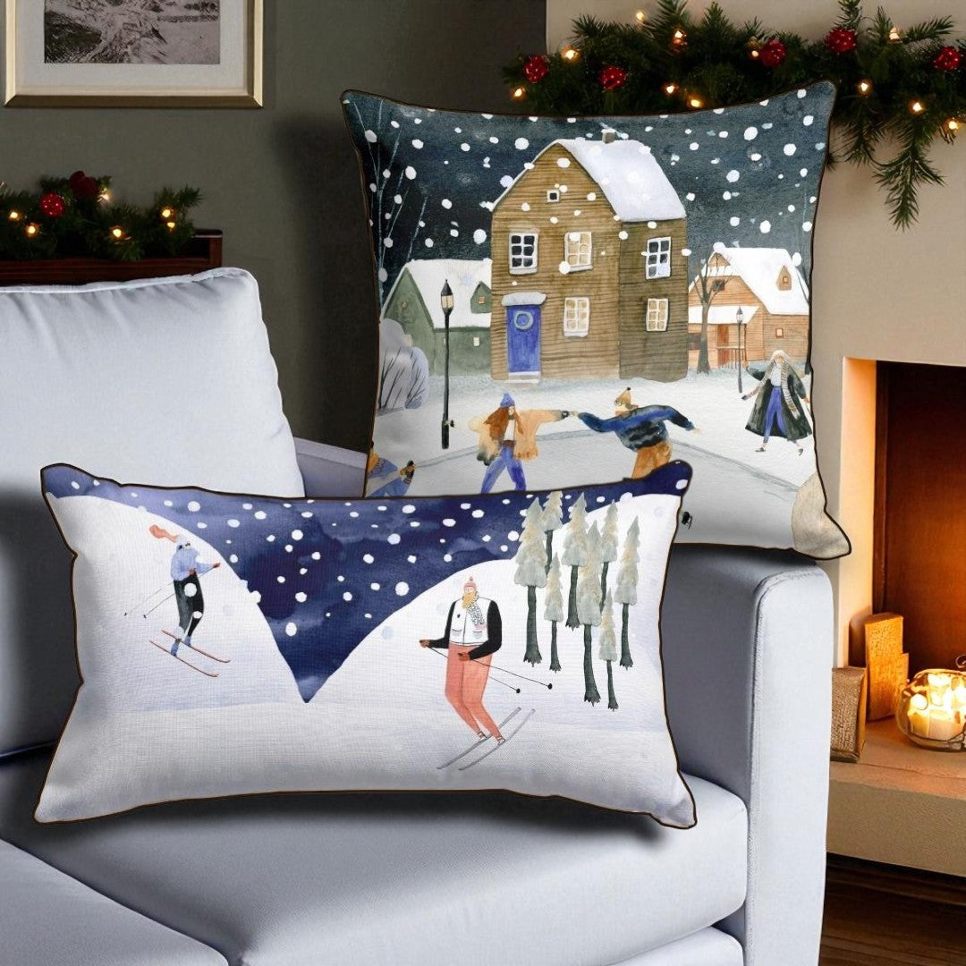 Set of 2 Winter Ski Village Pillow Covers, Nordic Christmas Decor