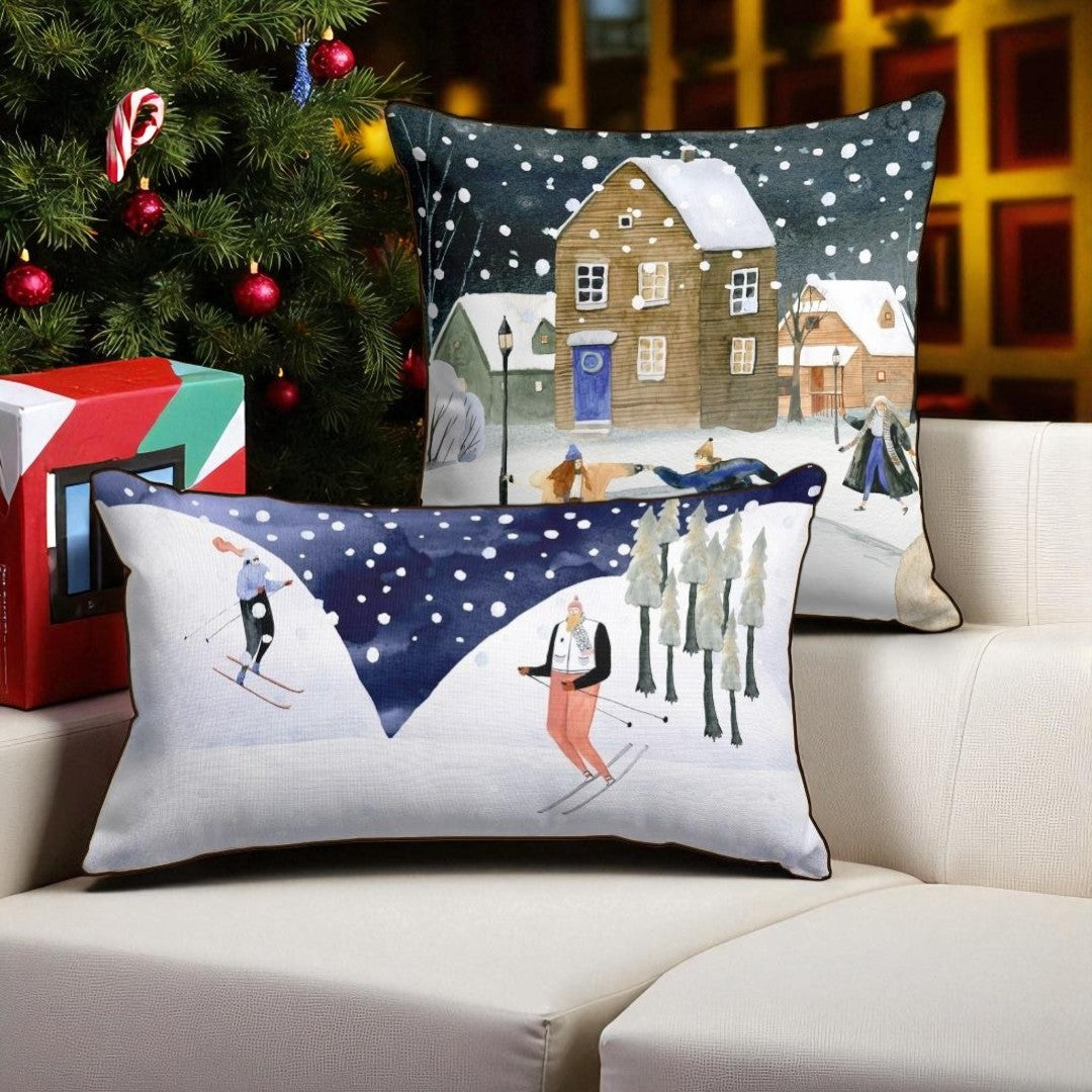 Set of 2 Winter Ski Village Pillow Covers, Nordic Christmas Decor