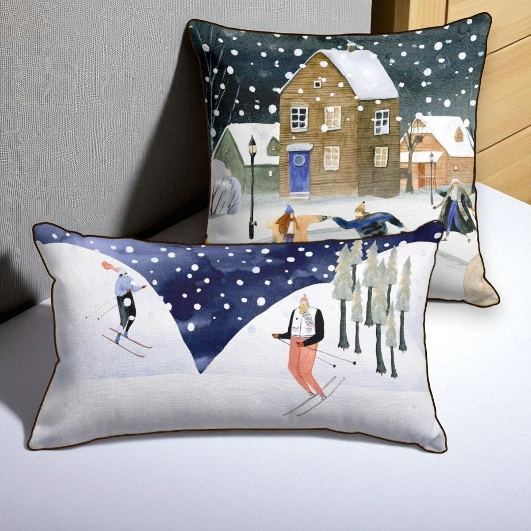 Set of 2 Winter Ski Village Pillow Covers, Nordic Christmas Decor