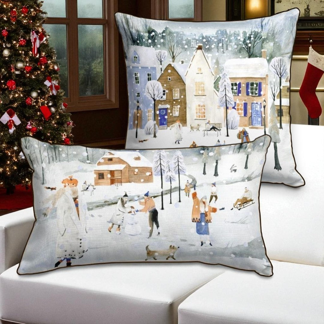 Set of 2 Winter Ski Village Pillow Covers, Nordic Christmas Decor