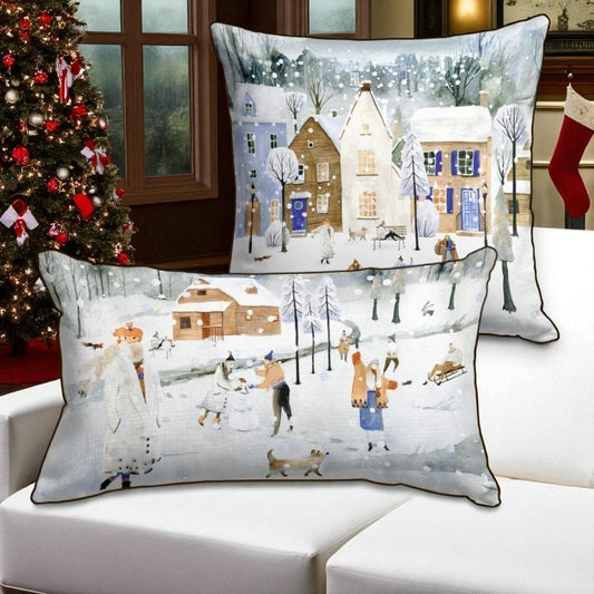 Set of 2 Winter Ski Village Pillow Covers, Nordic Christmas Decor