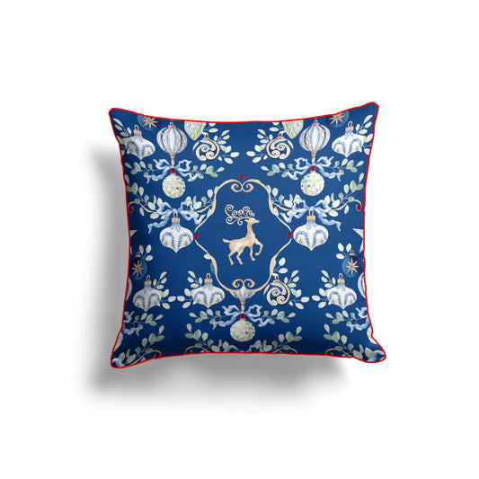 Royal Blue Christmas Pillow Cover – Golden Reindeer & Ornament Design (43x43 cm)