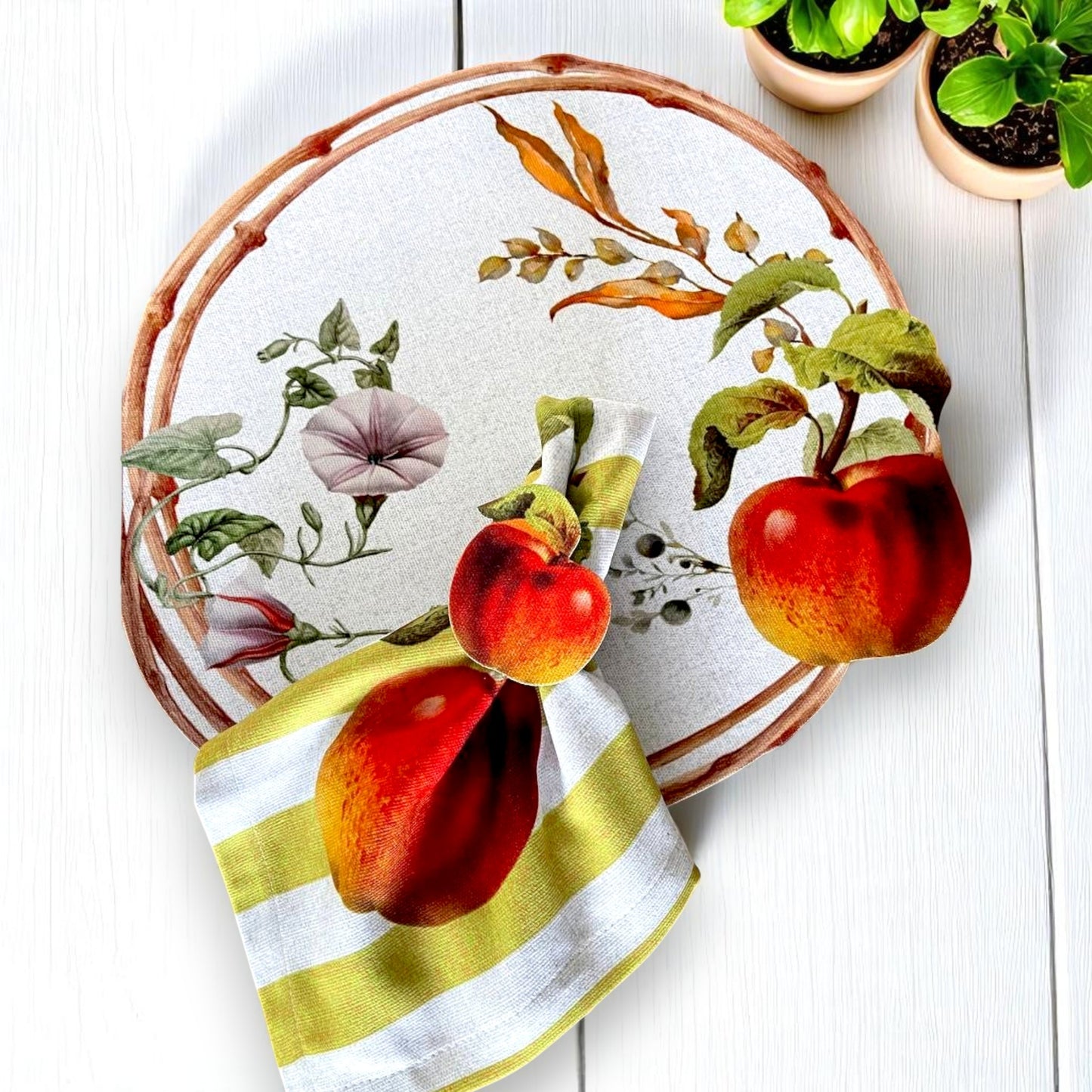 Set of 4 Apple Orchard Delight Placemat& Napkin and Napkin Ring Set- 3D-look print on high quality fabric