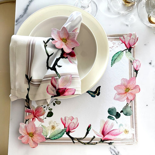 Set of 4 Floral Placemats with Matching Napkins, Napkin Rings | Magnolia Table Decor Set| Spring Table Setting | 3D-look print on fabric