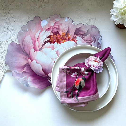 Set of 4 Peony Floral Placemat with Bird Napkin & Flower Ring | Romantic Table Decor Set | Purple Table Setting| 3D-look print on fabric