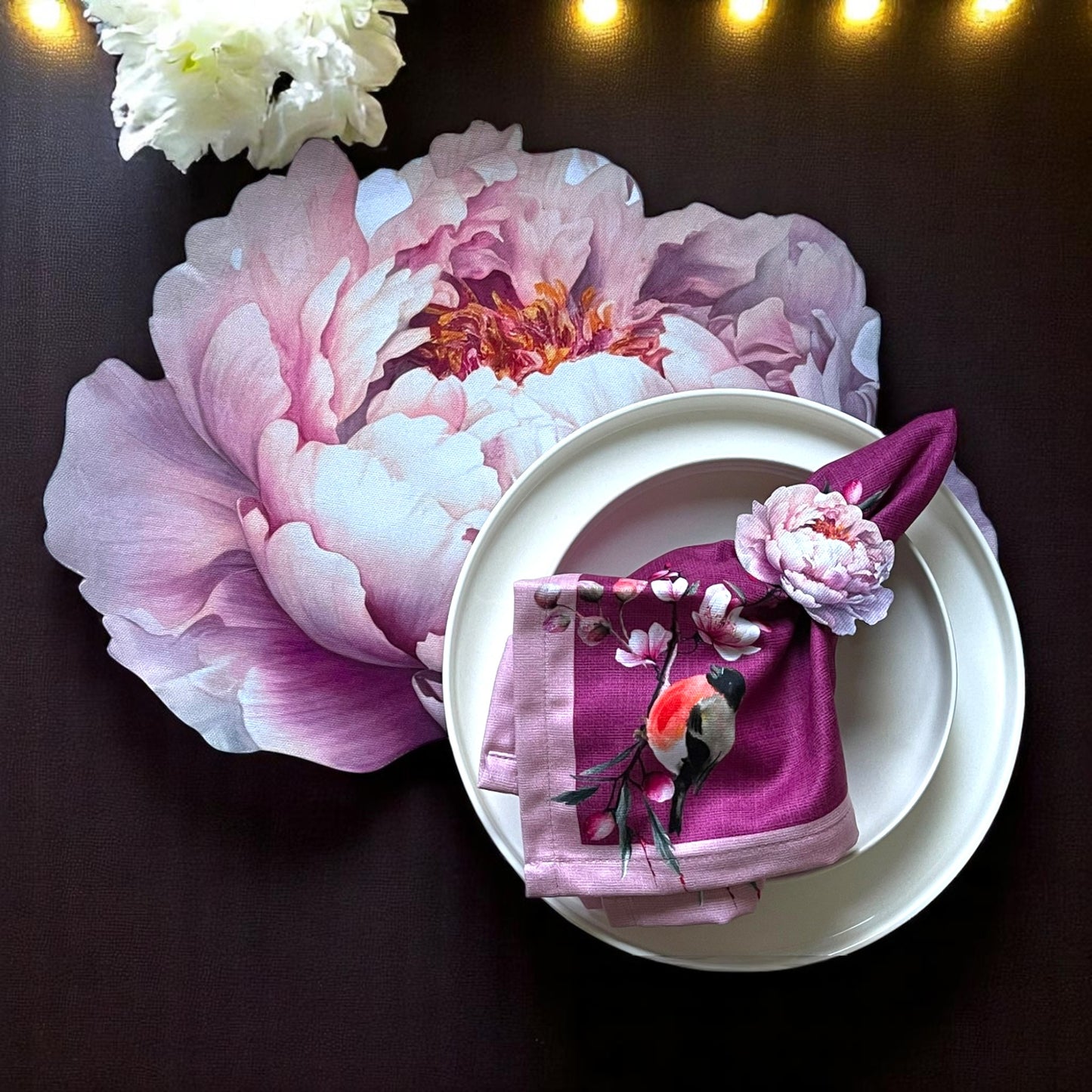 Set of 4 Peony Floral Placemat with Bird Napkin & Flower Ring | Romantic Table Decor Set | Purple Table Setting| 3D-look print on fabric