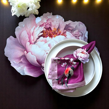 Set of 4 Peony Floral Placemat with Bird Napkin & Flower Ring | Romantic Table Decor Set | Purple Table Setting| 3D-look print on fabric