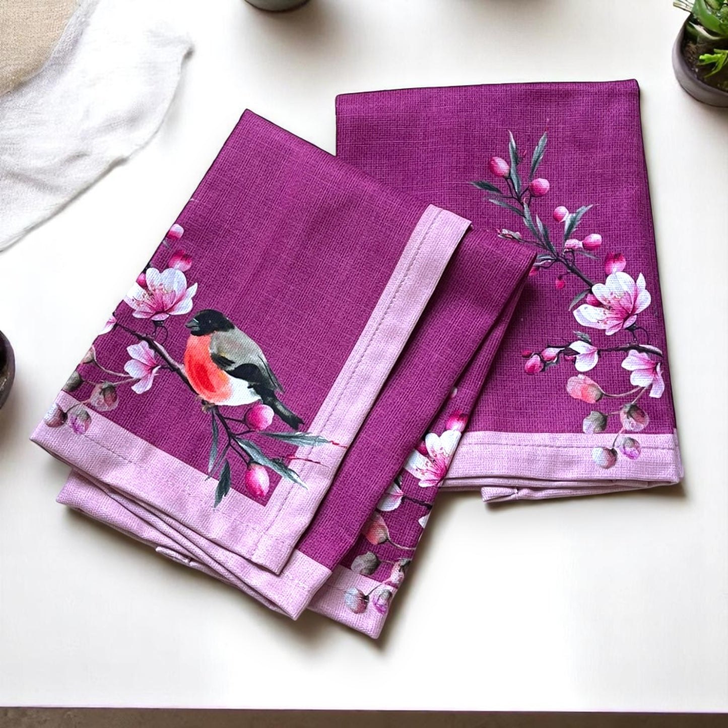 Set of 4 Peony Floral Placemat with Bird Napkin & Flower Ring | Romantic Table Decor Set | Purple Table Setting| 3D-look print on fabric