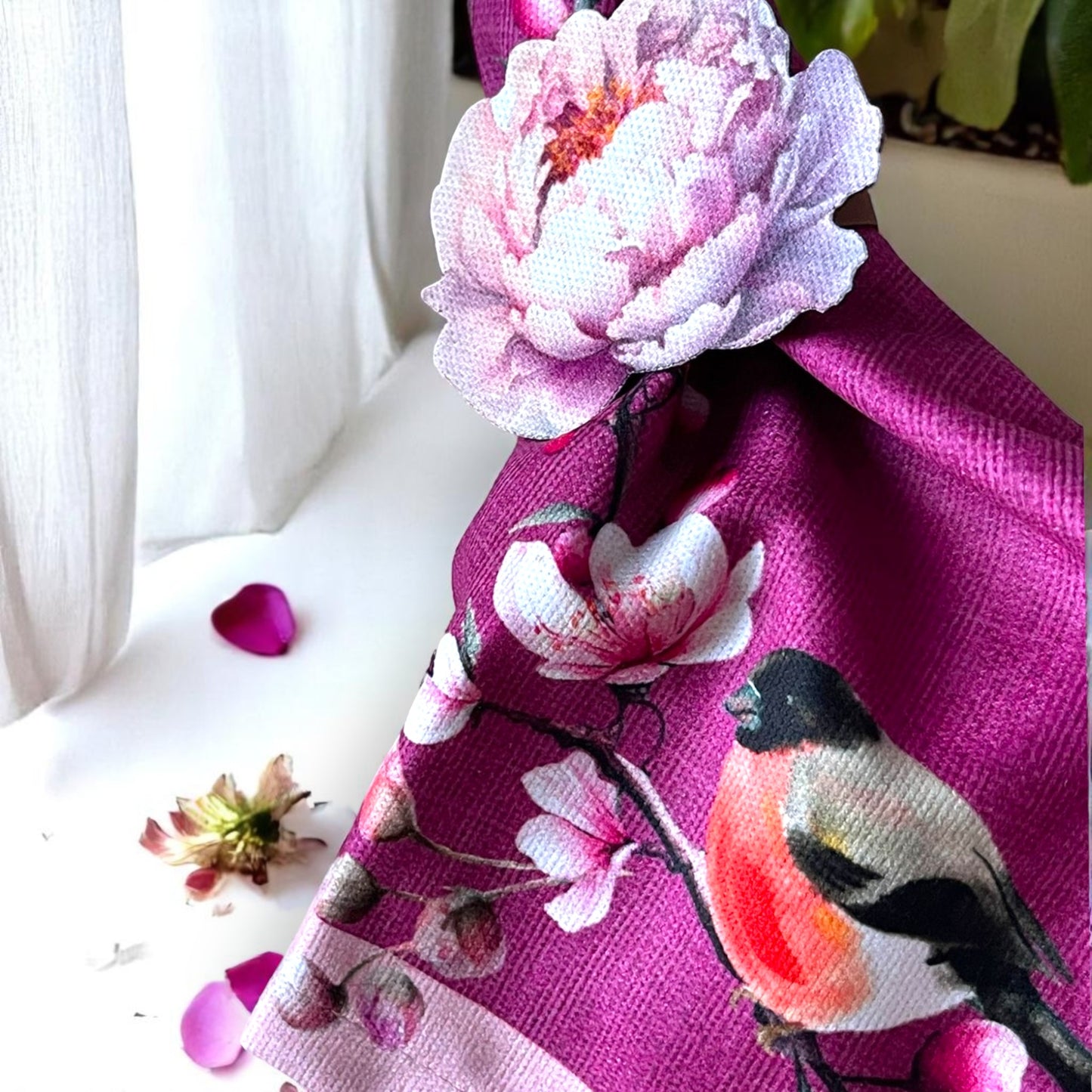 Set of 4 Peony Floral Placemat with Bird Napkin & Flower Ring | Romantic Table Decor Set | Purple Table Setting| 3D-look print on fabric