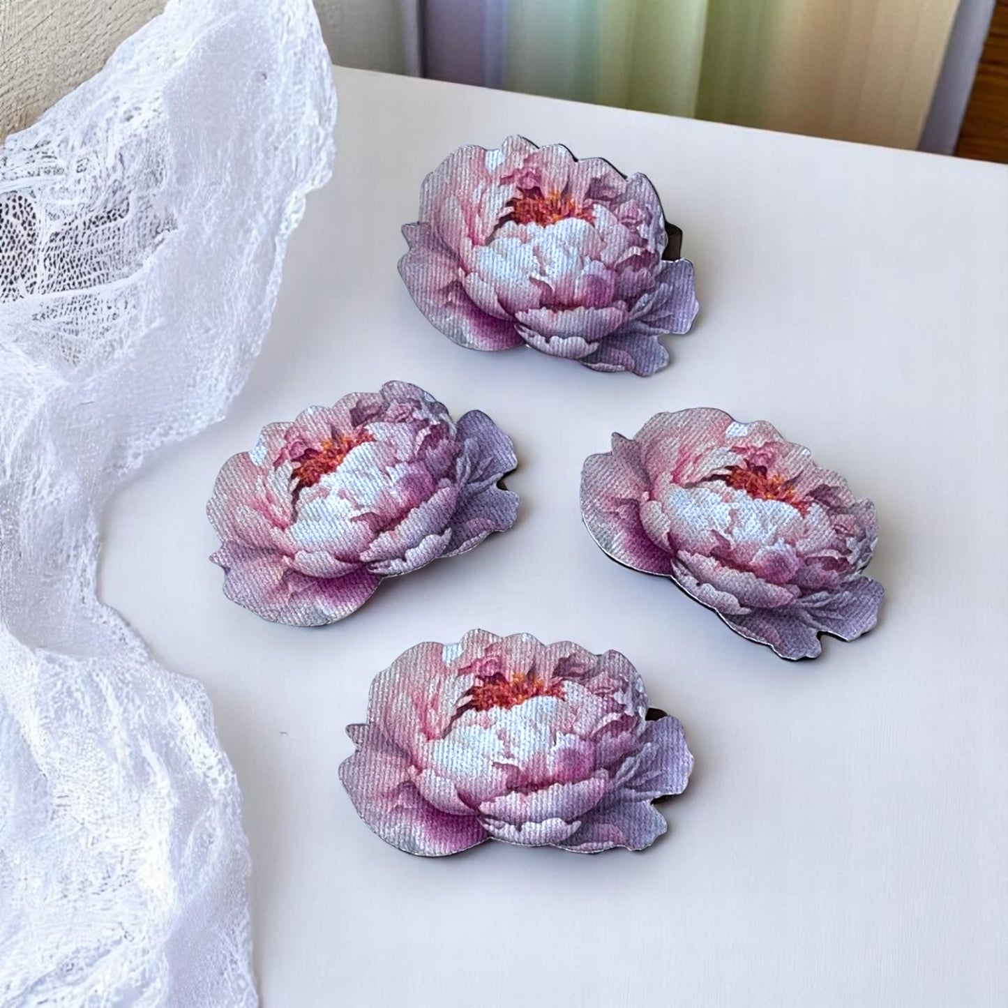 Set of 4 Peony Floral Placemat with Bird Napkin & Flower Ring | Romantic Table Decor Set | Purple Table Setting| 3D-look print on fabric