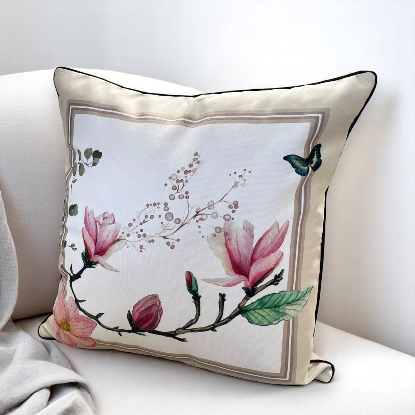 Floral Bird & Magnolia Pillow Covers Set, Indoor-Outdoor Elegant Piping Cushion Covers
