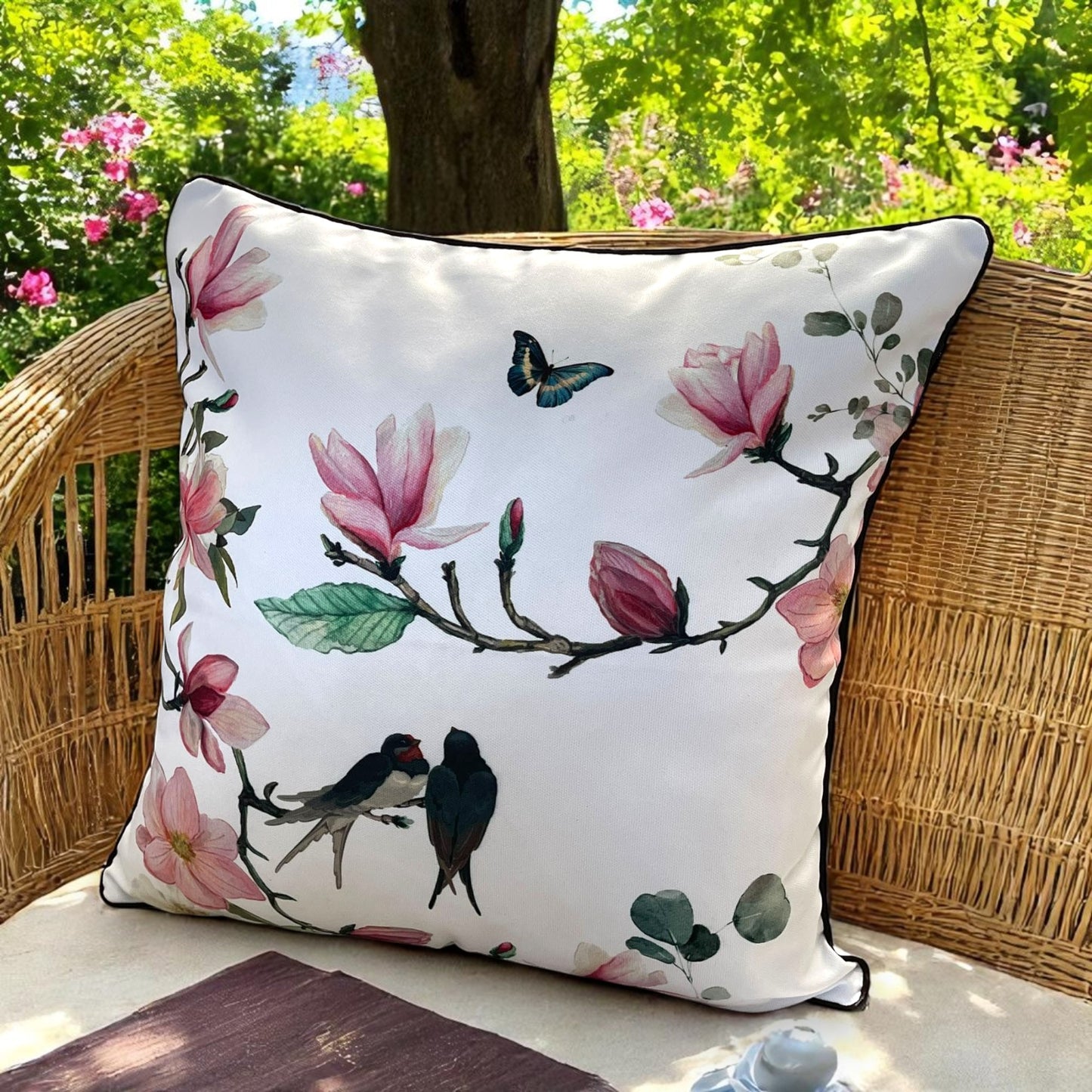 Floral Bird & Magnolia Pillow Covers Set, Indoor-Outdoor Elegant Piping Cushion Covers