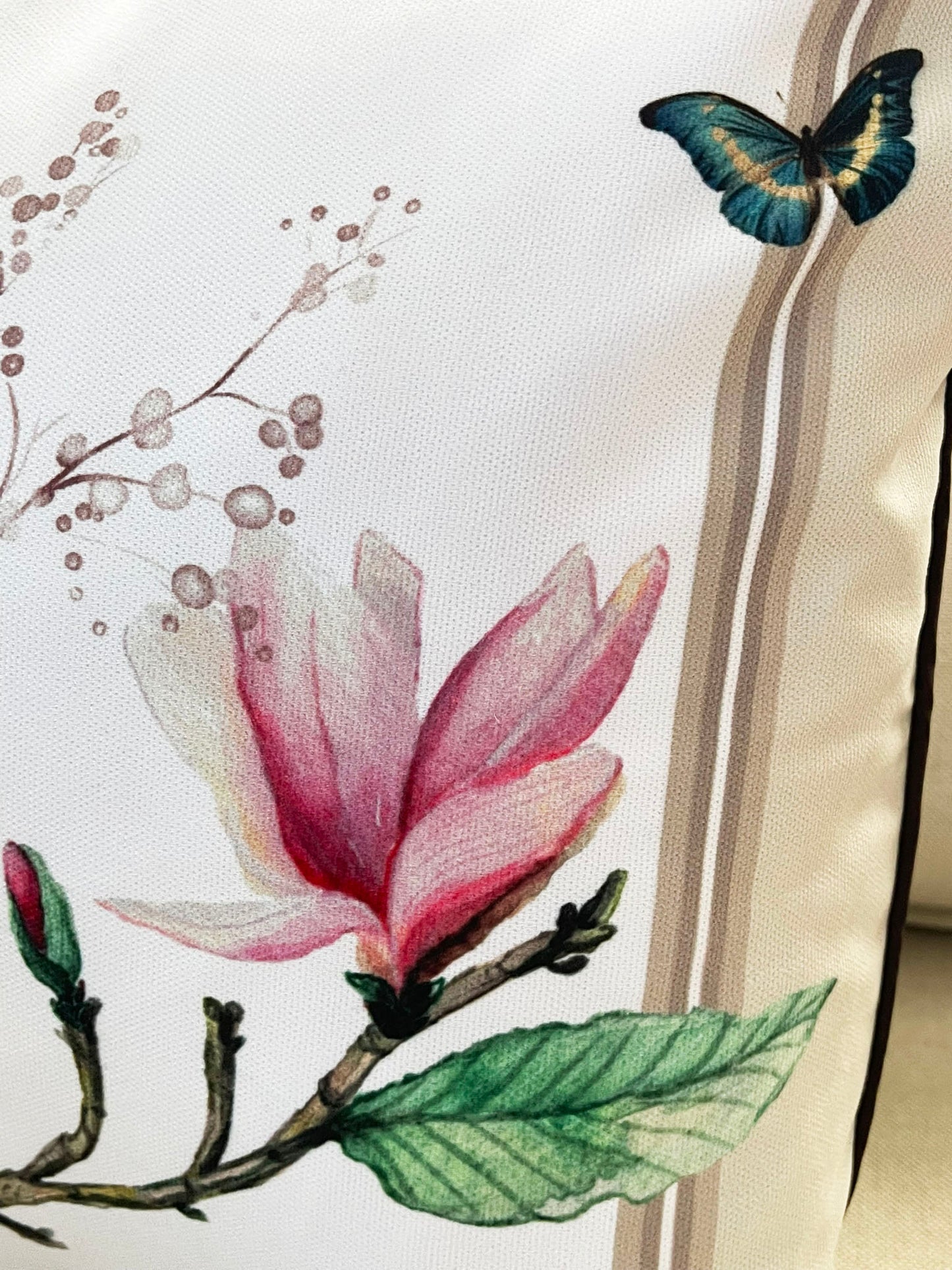 Floral Bird & Magnolia Pillow Covers Set, Indoor-Outdoor Elegant Piping Cushion Covers