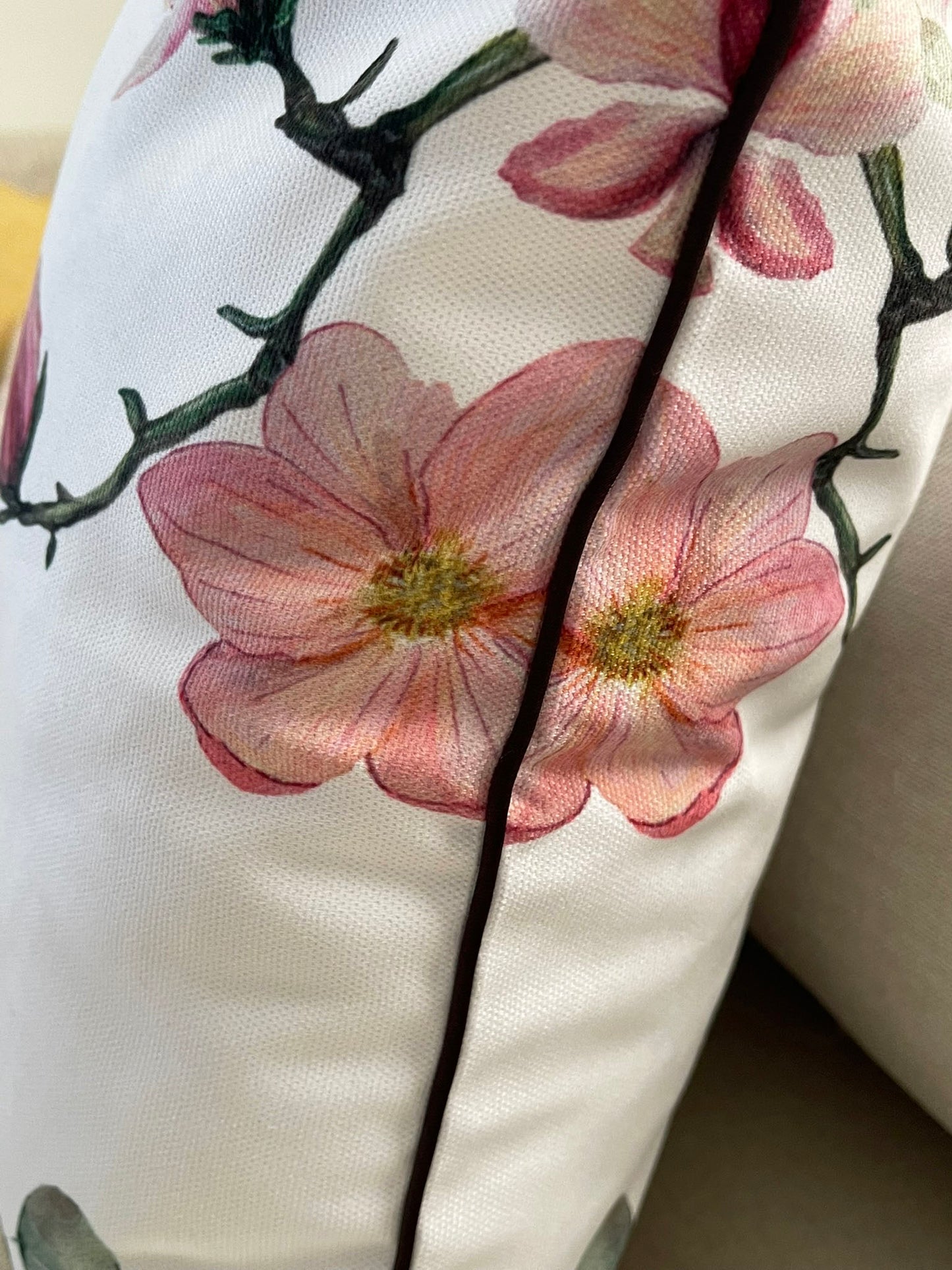 Floral Bird & Magnolia Pillow Covers Set, Indoor-Outdoor Elegant Piping Cushion Covers
