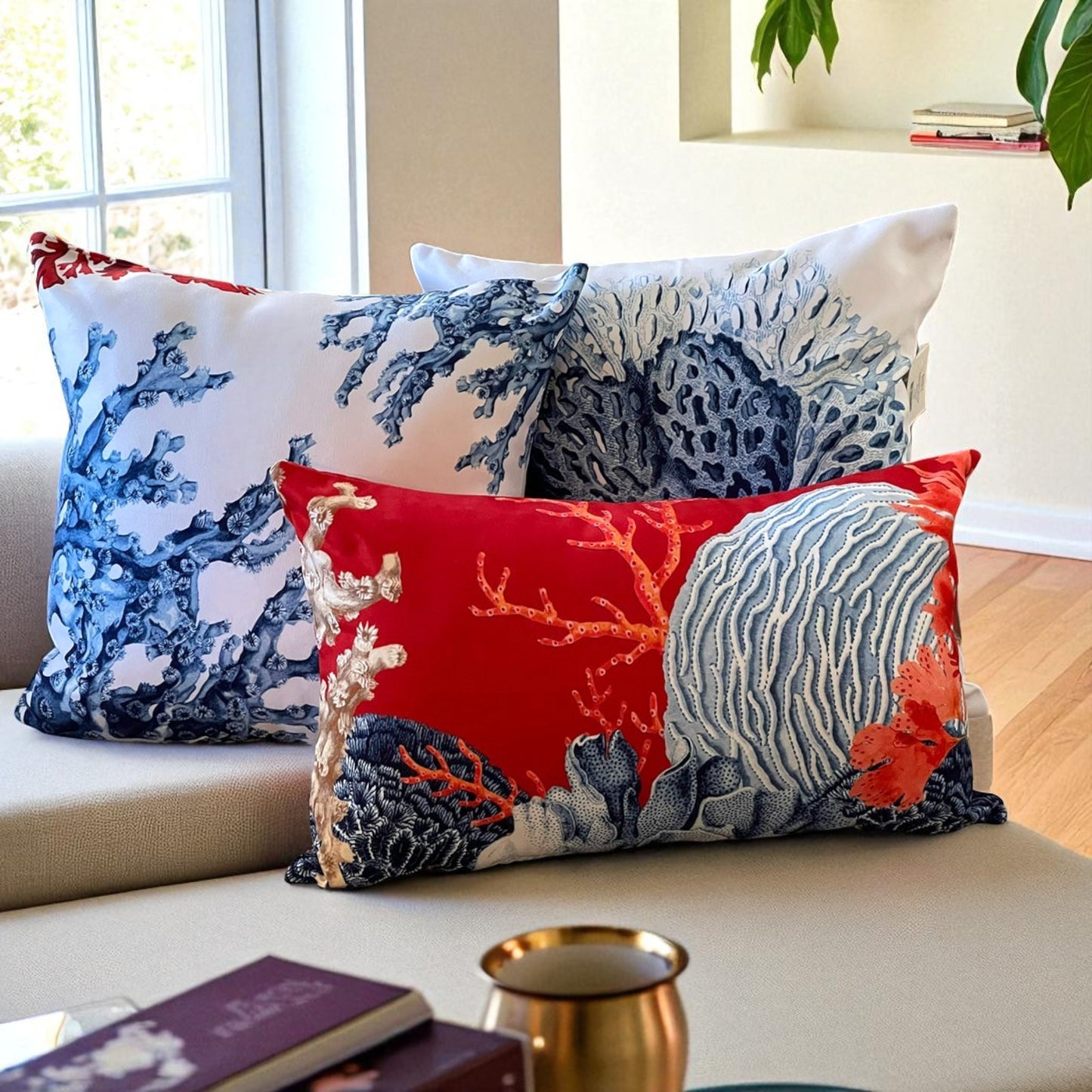 Mediterranean Coral Reef Cushion Cover – Blue & Red, Nautical Coastal Cushion Covers