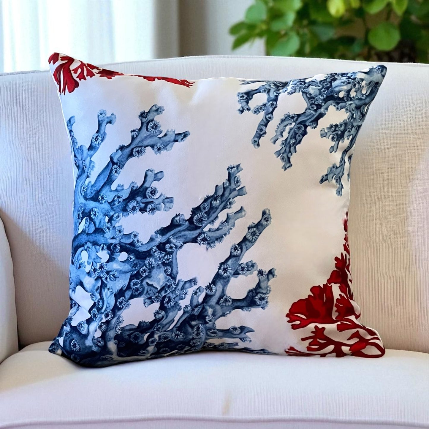 Mediterranean Coral Reef Cushion Cover – Blue & Red, Nautical Coastal Cushion Covers