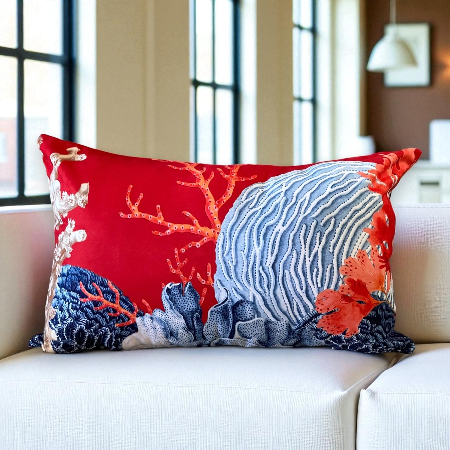 Mediterranean Coral Reef Cushion Cover – Blue & Red, Nautical Coastal Cushion Covers