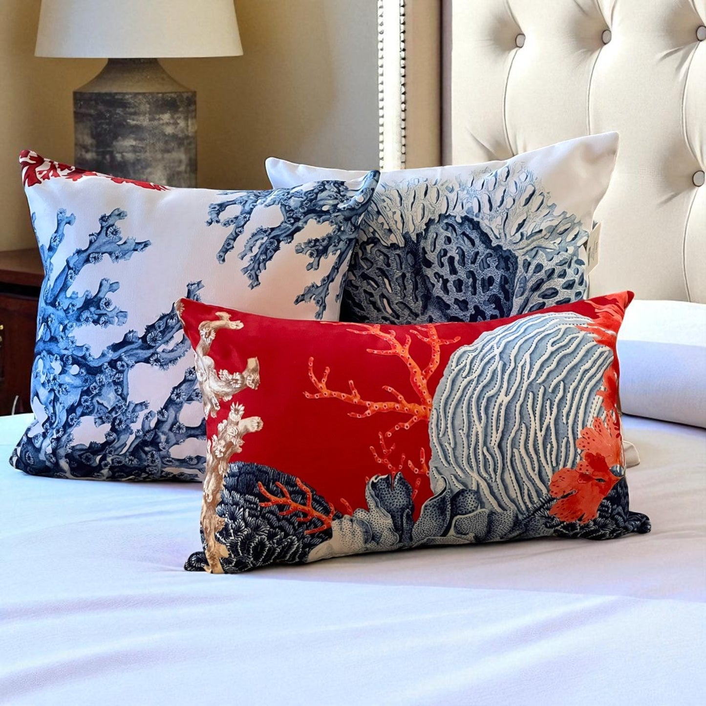 Mediterranean Coral Reef Cushion Cover – Blue & Red, Nautical Coastal Cushion Covers