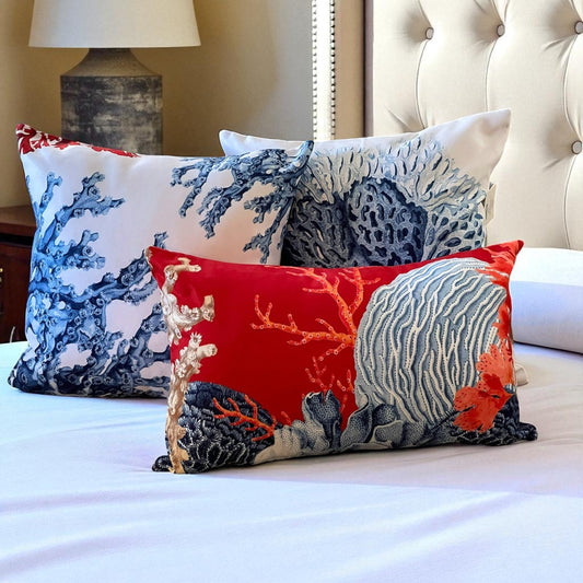 Set of Ocean Coral Pillow Covers, Nautical Coastal Cushion Covers