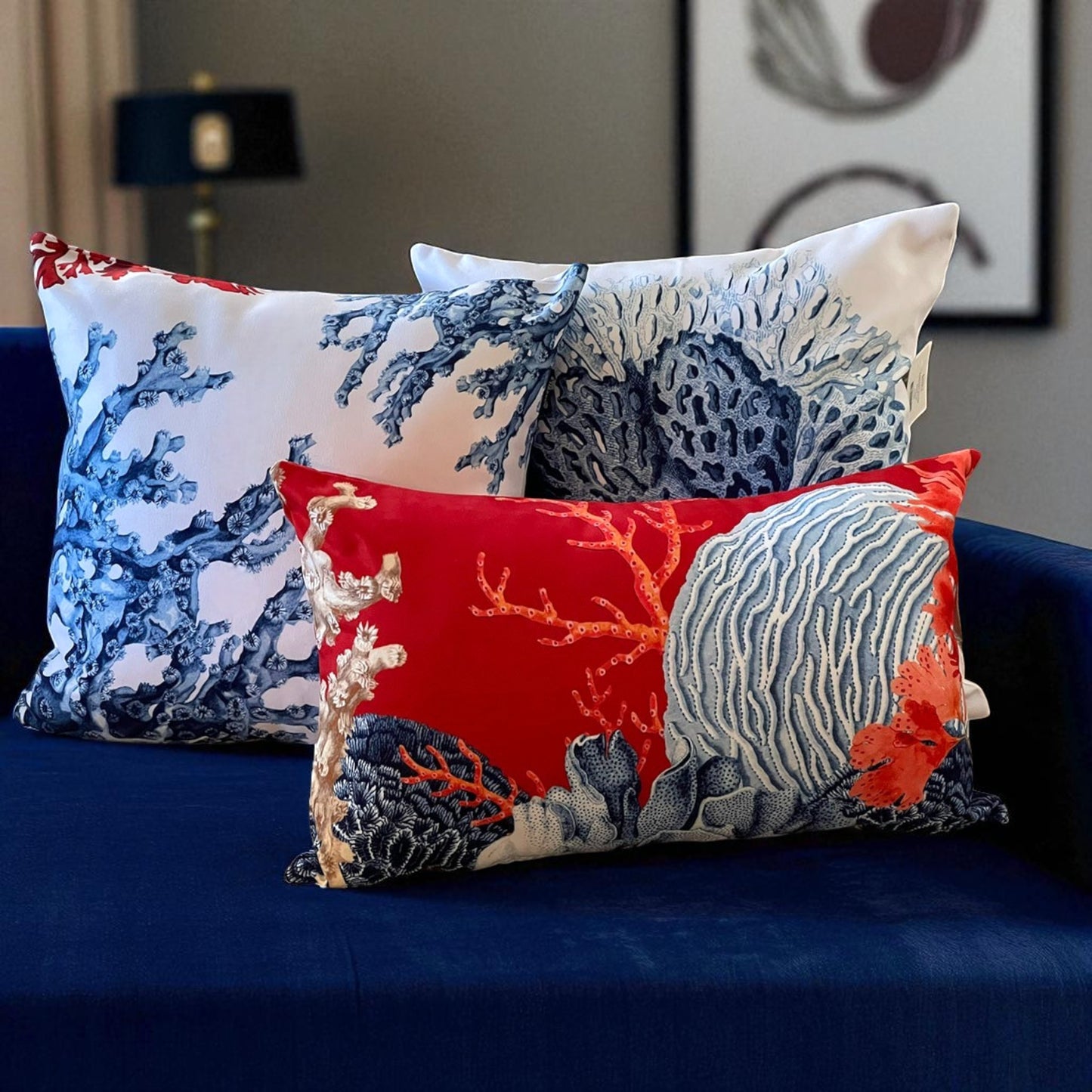 Mediterranean Coral Reef Cushion Cover – Blue & Red, Nautical Coastal Cushion Covers